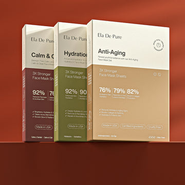 Face mask sheet boxes for various skin concerns are shown.