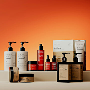Assortment of skincare products on orange background