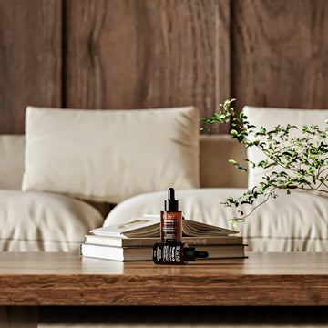 Two cosmetic dropper bottles on books on a wooden table.
