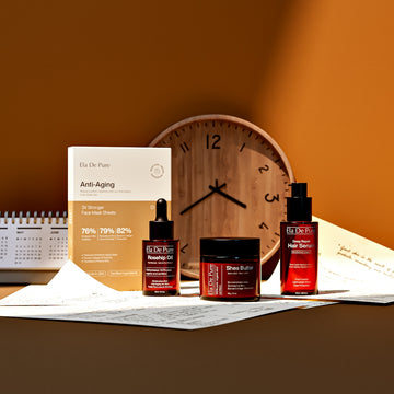 Anti-aging skincare products with a clock and calendar.