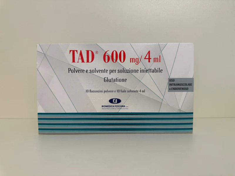 TAD Glutathione 600mg/4ml injectable powder and solvent - professional clinic pack for IV therapy and skin brightening

